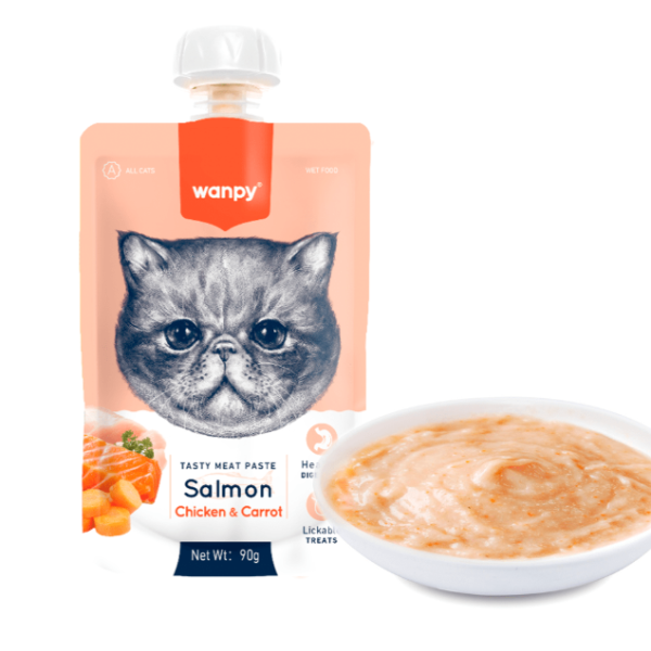 Wanpy Tasty Meat Paste Pouch Salmon, Chicken & Carrot For Cat 90g | Wanpy Meat Paste