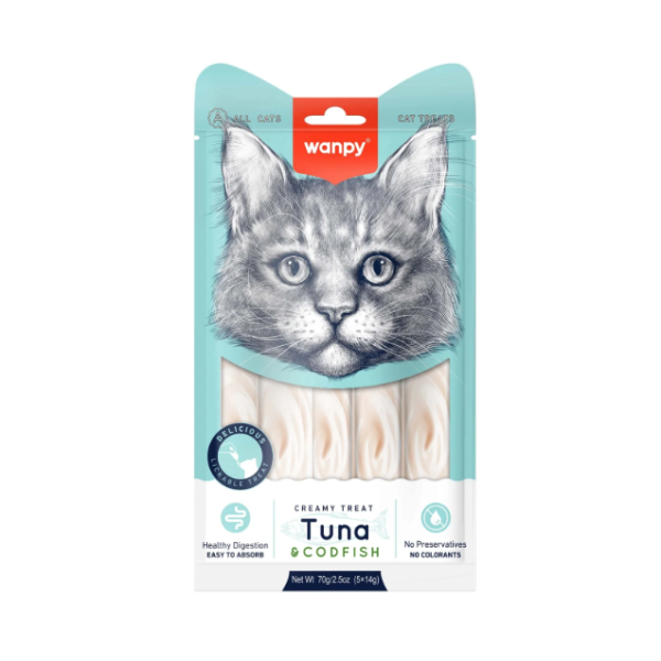 Wanpy Creamy Cat Treat Tuna And Cod Fish 70gm (5x14gm) | Wanpy Cat Treat