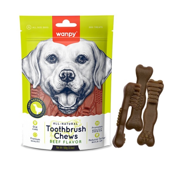 Wanpy All-Natural Toothbrush Chews Beef Dog Treats 100g