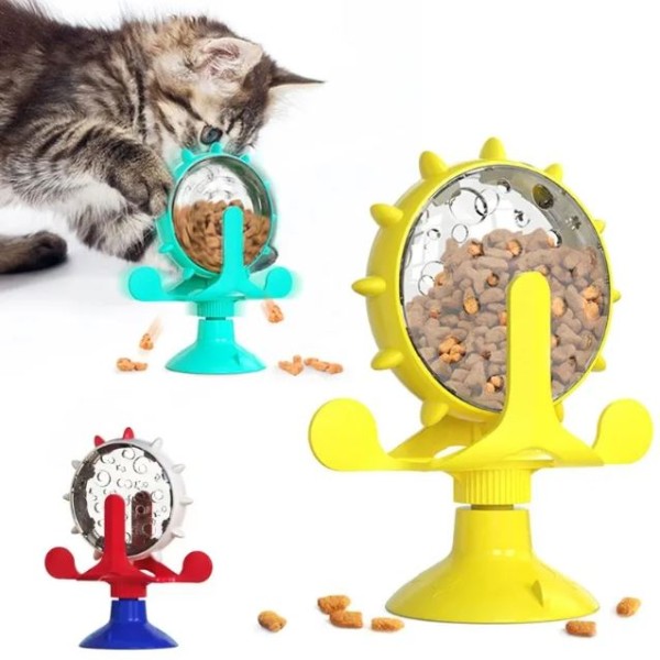 Cat Food Treats Dispenser Toy, Pet Slow Feeder Feed Training Toy Cat Windmill Toy Dog Food Dispenser, 360° Rotating Windmill Suction Cup Toys for Educational Interactive Training