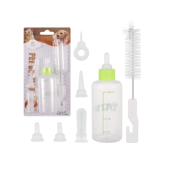 Nursing Bottle Kit, Dog Cat Puppy Milk Feeding Bottle with 4 Replacement Nipples Milk Feeder Care Set