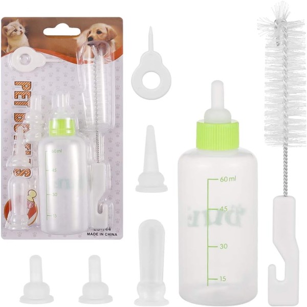 Nursing Bottle Kit, Dog Cat Puppy Milk Feeding Bottle with 4 Replacement Nipples Milk Feeder Care Set