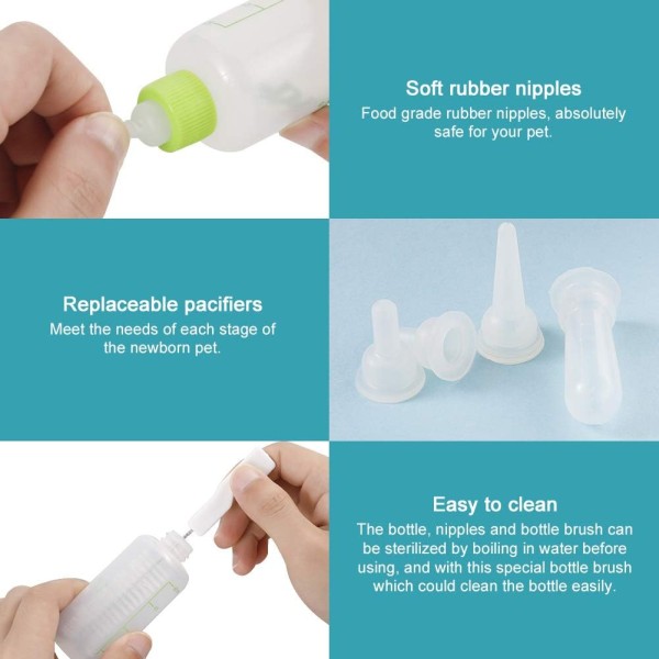 Nursing Bottle Kit, Dog Cat Puppy Milk Feeding Bottle with 4 Replacement Nipples Milk Feeder Care Set