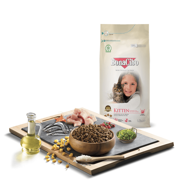 Bonacibo Kitten Dry Cat Food Chicken With Anchovy & Rice 1.5kg For All Breeds Cats