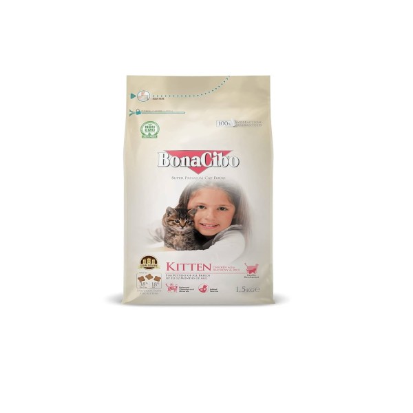 Bonacibo Kitten Dry Cat Food Chicken With Anchovy & Rice 1.5kg For All Breeds Cats