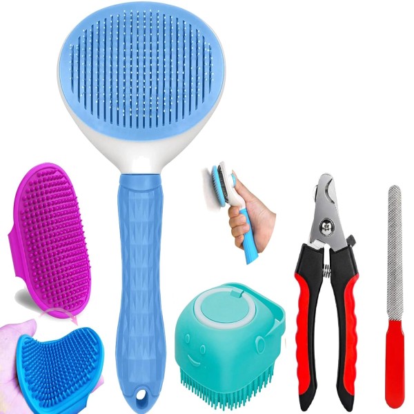 4-in-1 Pet Grooming Kit for Dogs & Cats – Includes Self Cleaning Brush, Cat Comb, Silicone Bath Scrubber & Nail Clipper