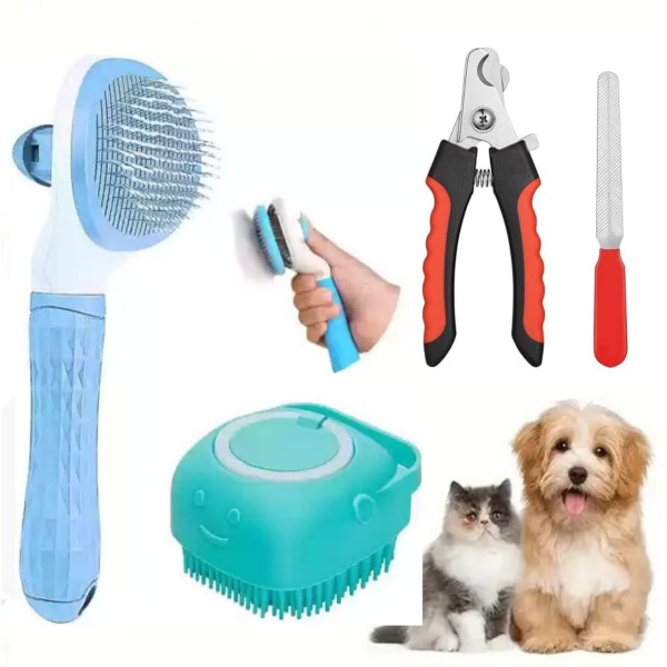3-in-1 Pet Grooming Kit with Nail Clippers, Shampoo Dispensing Brush, Silicone Massage Brush, Suitable for All Size Dogs and Cats