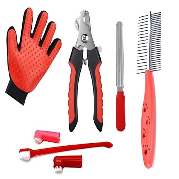 5 in 1 Pet Dog Cat Grooming Kit Double Side Comb, Nail Cutter, Nail Grinder, Tooth Brush and Glove for Puppy, Cat and Kitten