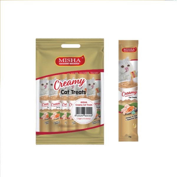 MISHA Creamy Cat Treats - Chicken & Fish, Essentials Oil (15g x 6 sticks)