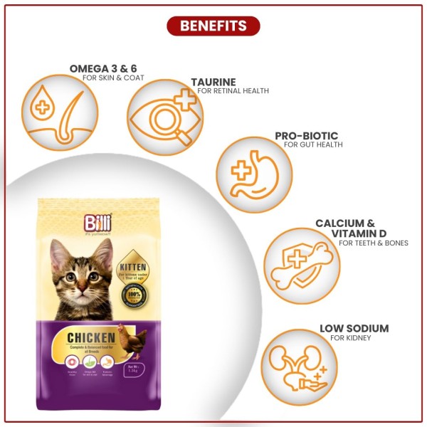 Billi Kitten Dry Cat Food - Real Chicken 3KG | Kitten (2-12 Months) Dry Cat Food