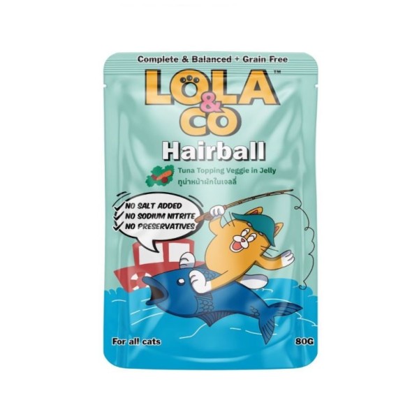 Lola & Co Hairball Cat Pouch Food - Tuna Topping Veggie in Jelly 80gm | Cat Wet Food