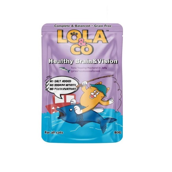 Lola & Co Healthy Brain & Vision Cat Pouch Food - Tuna Topping Mackerel in Jelly for All Cats 80gm | Cat Wet Food
