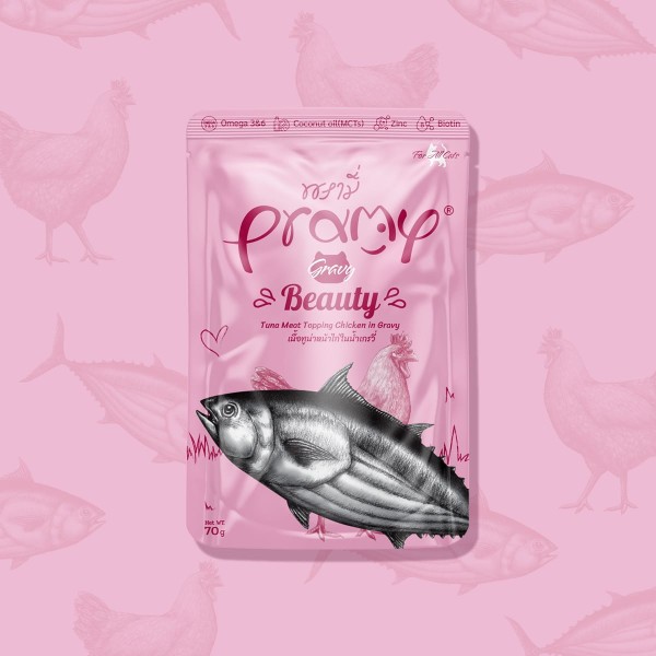 Pramy Cat Pouch Food BEAUTY - Tuna Meat Topping Chicken Meat in Gravy For All Age Cats 70gm | Cat Wet Food