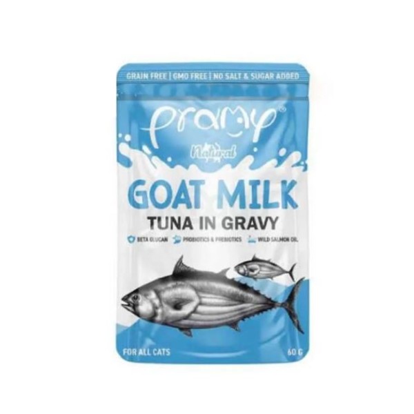 Pramy Cat Pouch Food Natural Goat Milk - Tuna in Gravy For All Age Cats 60gm | Cat Wet Food