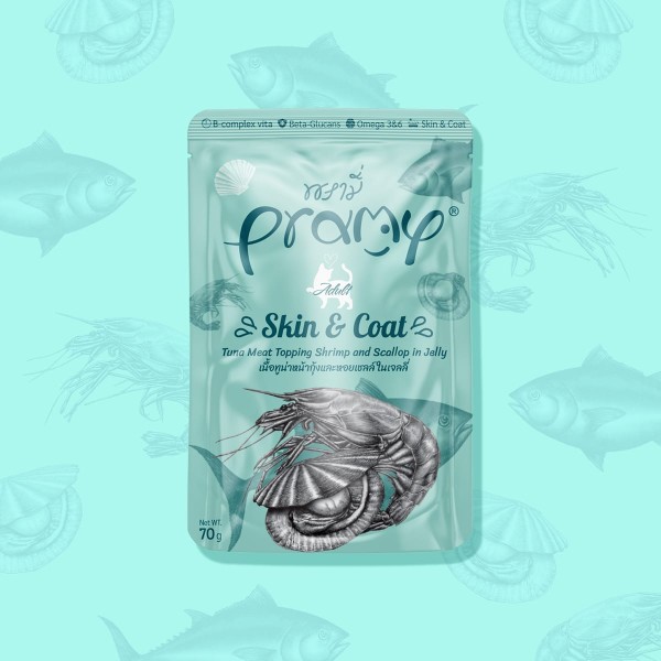 Pramy Cat Pouch Food SKIN & COAT - Tuna Meat Topping Shrimp & Scallop in Jelly For Adult Cat 70gm | Cat Wet Food