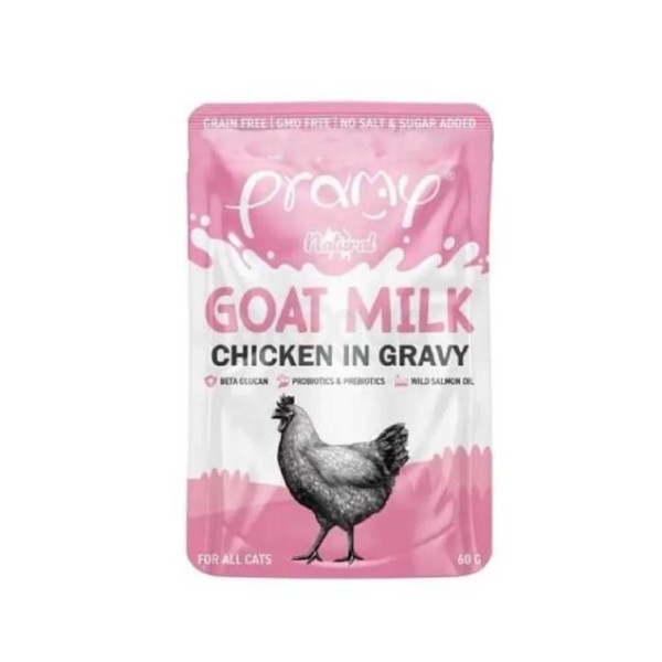 Pramy Cat Pouch Food Natural Goat Milk - Chicken in Gravy For All Age Cats 60g | Cat Wet Food