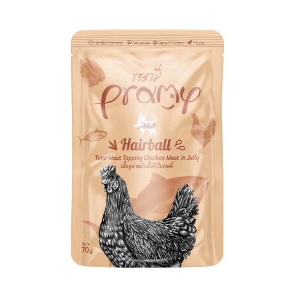 Pramy Cat Pouch Food HAIRBALL - Tuna Meat Topping Chicken Meat in Jelly For Adult Cat 70gm | Cat Wet Food