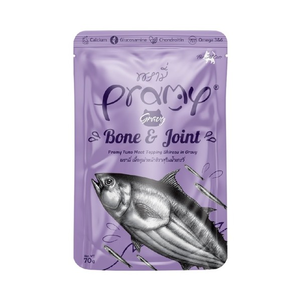 Pramy Cat Pouch Food BONE & JOINT - Tuna Meat Topping Shirasu in Gravy For All Age Cats 70gm | Cat Wet Food