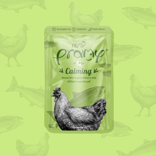 Pramy Cat Pouch Food CALMING - Chicken Meat Topping Salmon in Jelly For Adult Cat 70gm | Cat Wet Food