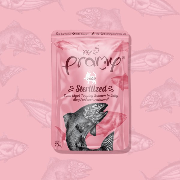 Pramy Cat Pouch Food STERILIZED - Tuna Meat Topping Salmon in Jelly For Adult Cat 70gm | Cat Wet Food