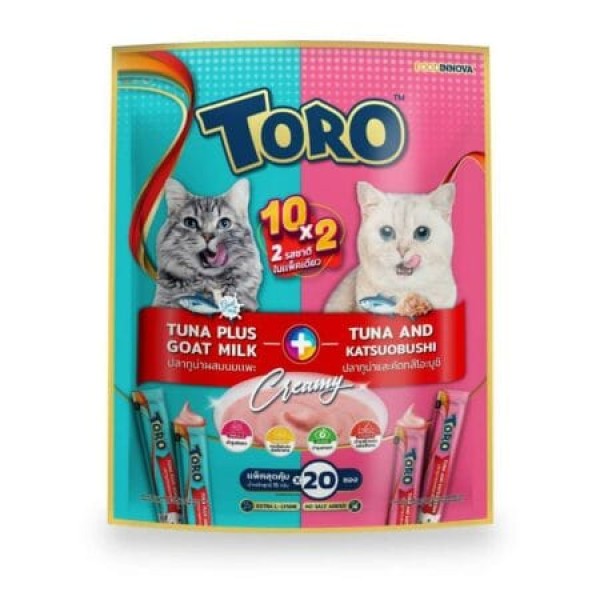 Toro Toro Cat Creamy Treats - Tuna Plus Goat Milk + Tuna And Katsuobushi For All Age Cats (15gx20pcs) | Cat Snacks