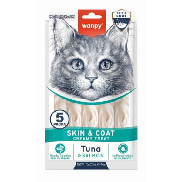 Wanpy Skin and Coat Creamy Cat Treats with Tuna and Salmon (5*14g)