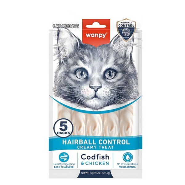 Wanpy Hairball Control Creamy Cat Treats with Chicken and Cod Fish (5*14g)