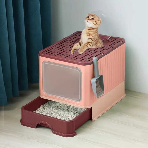 Pet Cat Litter Box with Lid Drawer System Foldable Large Including Pastic Scoop