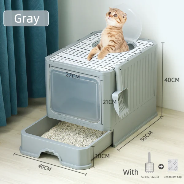 Pet Cat Litter Box with Lid Drawer System Foldable Large Including Pastic Scoop