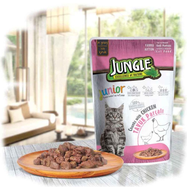 Jungle Cat Pouch Food kitten Chunks With Chicken in Gravy 100gm | Cat Wet Food