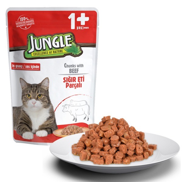 Jungle Cat Pouch Food Adult Chunks With Beef in Gravy 100gm | Cat Wet Food