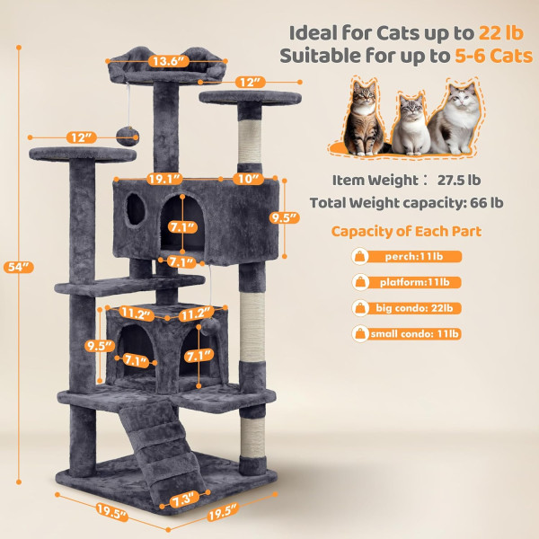 54in Cat Tree Tower Condo Furniture Scratch Post for Cat Kitten Pet House Play