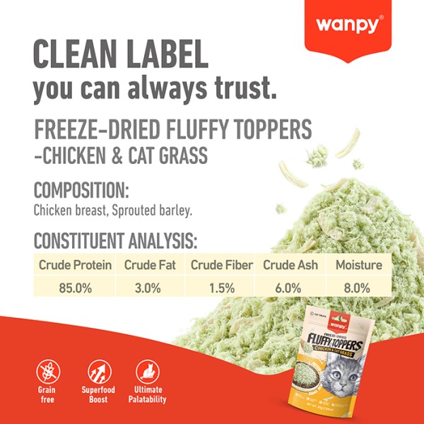 Wanpy Freeze-Dried Fluffy Toppers – Chicken & Catgrass 30g | Wanpy Fluffy Toppers