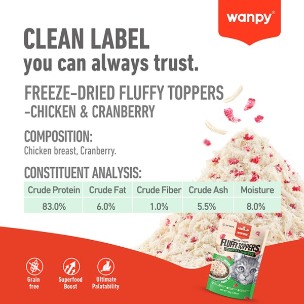 Wanpy Freeze-Dried Fluffy Toppers – Chicken & Cranberry 30g | Wanpy Fluffy Toppers